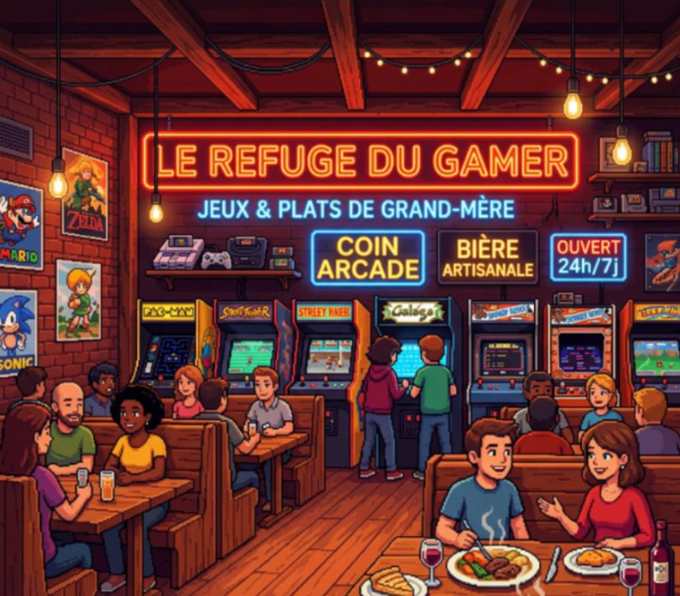 Illustration pixel art : restaurant avec bornes d'arcade, jeunes et personnes âgées.
